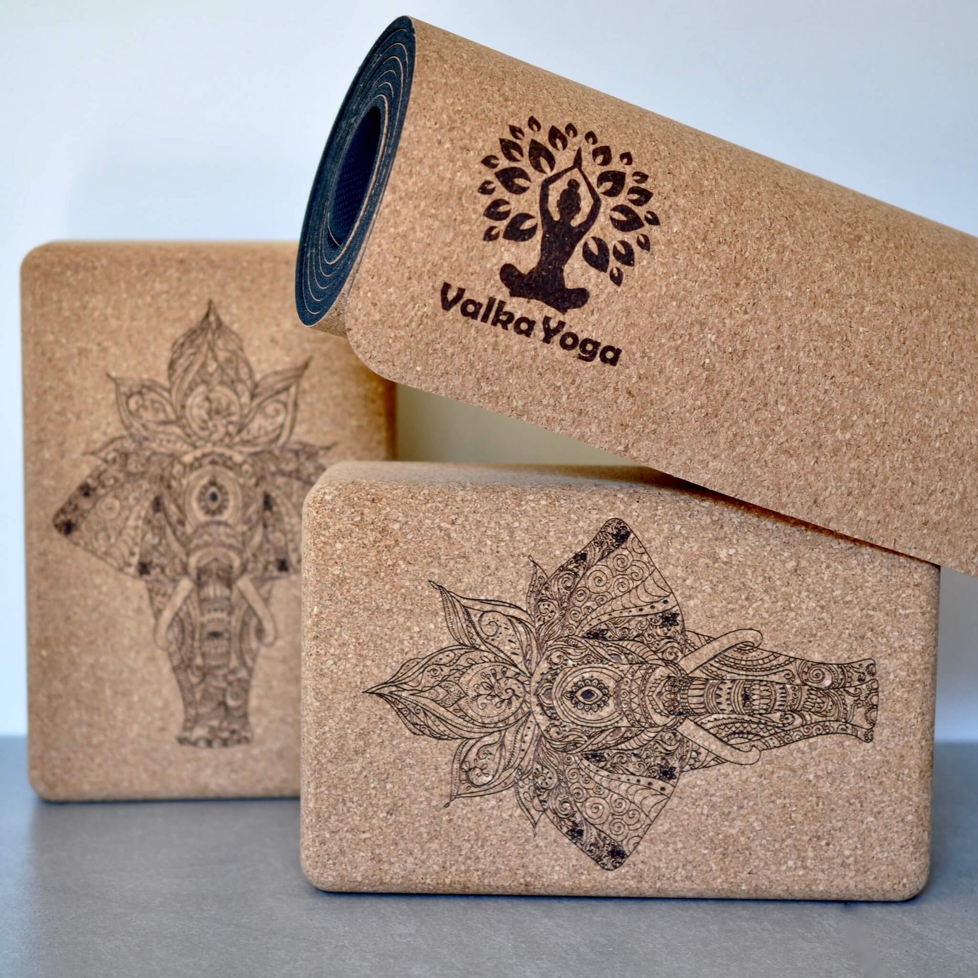 Yoga mat and cork yoga blocks bundle